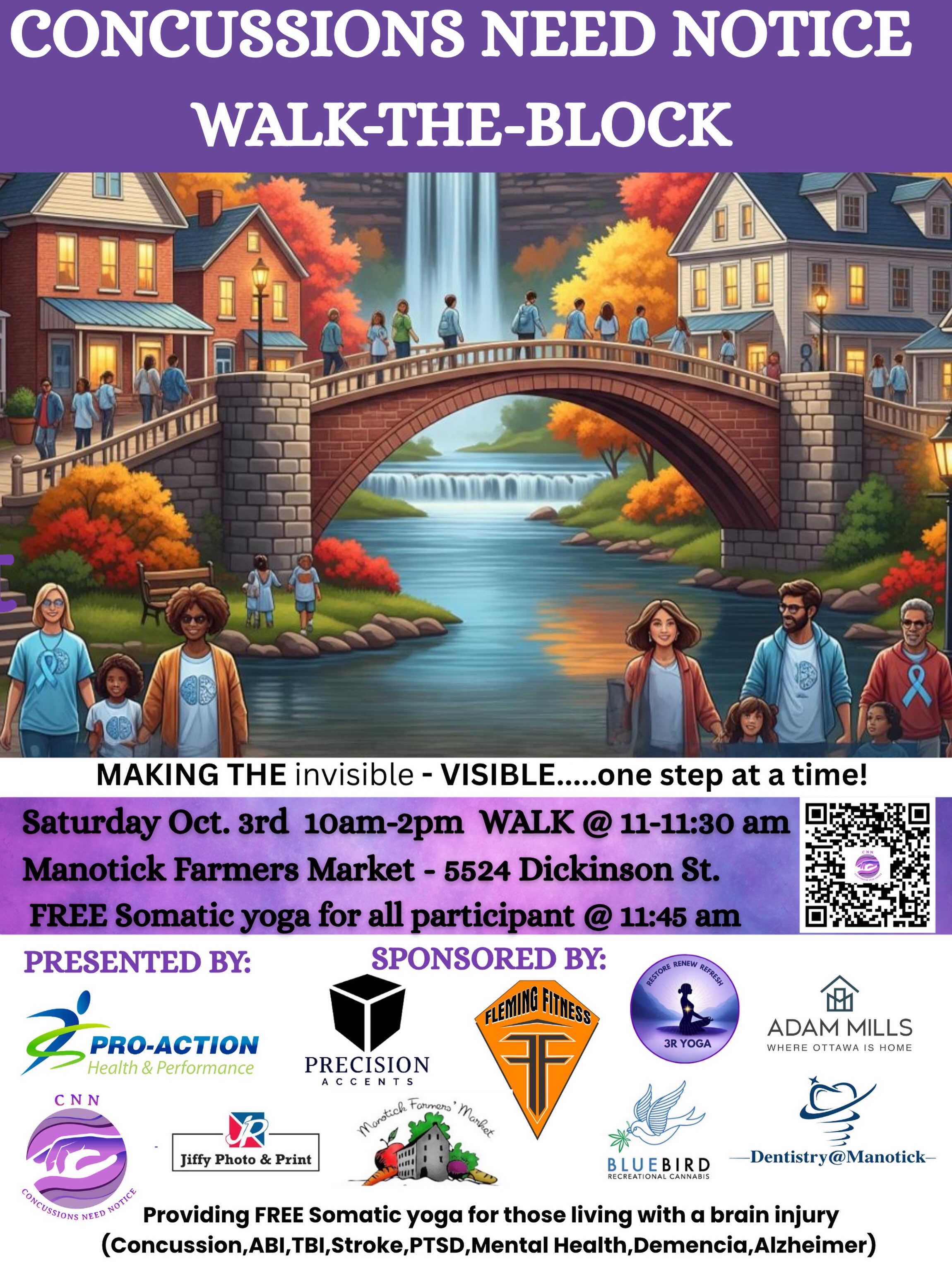 NEW DATE!!! Oct 3 2026 
Manotic farmers 10 to 1 PM
Come join us for Walk the Block Concussion awareness. Registration is free, so please spread the word and We hope to see you there.

#Concussion #manotick  #manotickfarmersmarket #charity #ottawaevents